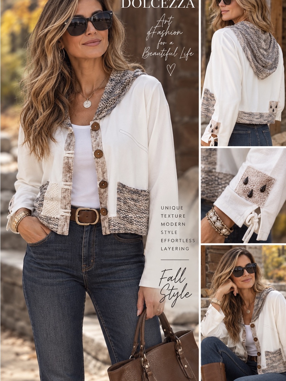 Dolcezza Cropped Hooded Cardigan Jacket Textured Boho